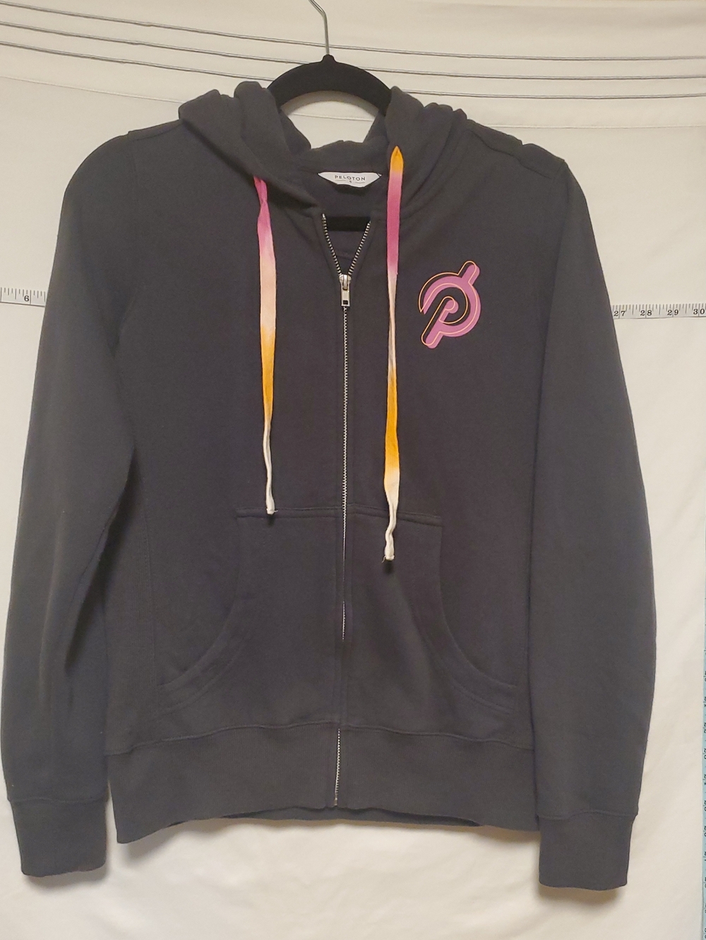 Peloton Charcoal Zip Hoodie with Pink Logo and Tie-Dye Drawstrings Small